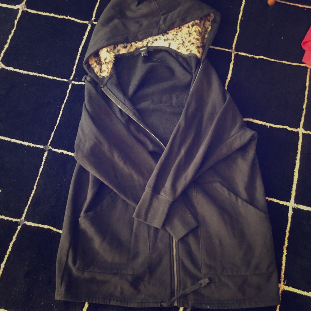 Long black jacket with leopard hood. Barely used